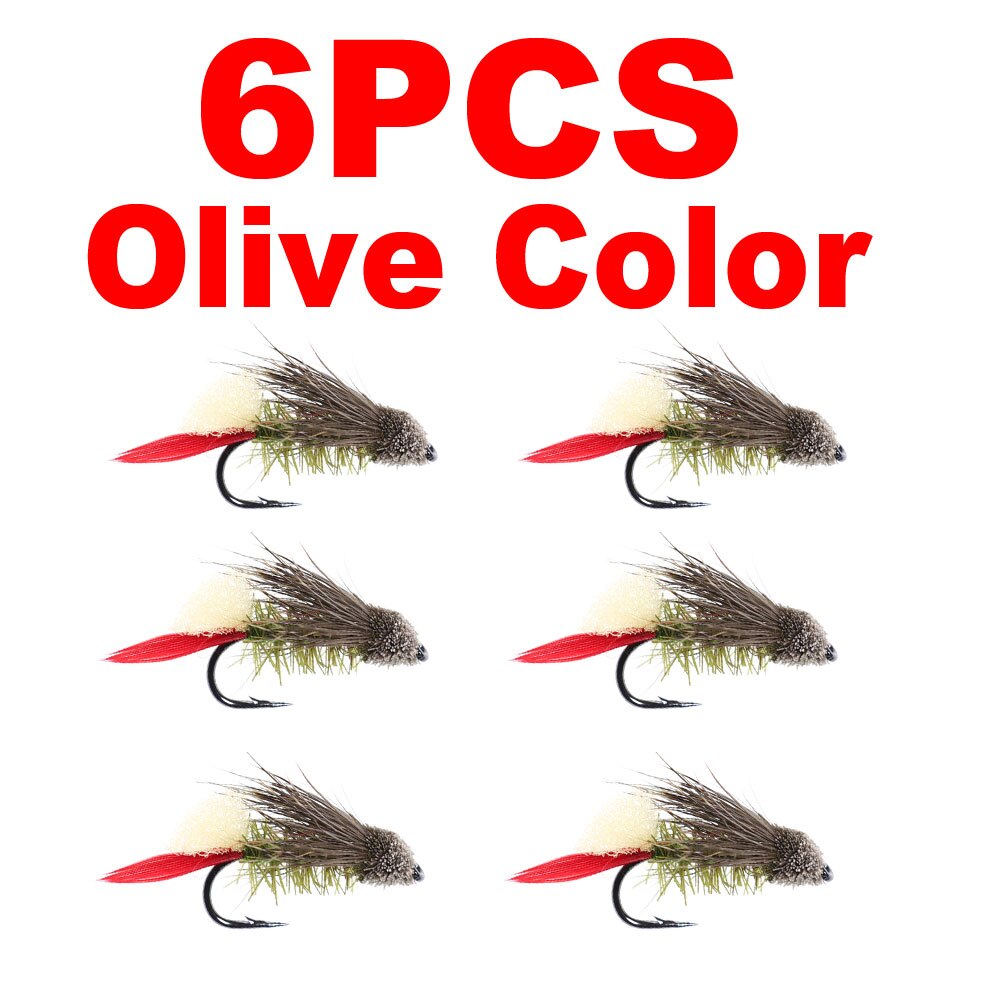 Bimoo 6pcs #4 Dry Fly Deer Hair Terrestrial Fly Zuddler Cicada Attractor Trout Bass Fly Fishing Flies Lure Black Olive Natural