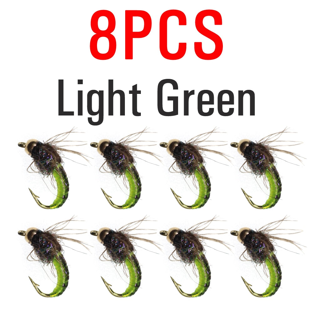 ICERIO 8PCS #12 Brass Bead Head Fast Sinking Nymph Scud Bug Worm Flies Trout Fly Fishing Lure Bait