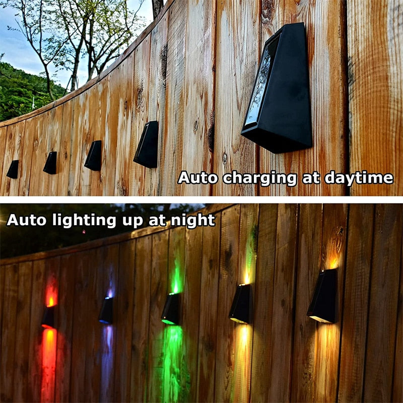 Solar Wall Lights Outdoor Fence Lights LED Waterproof Solar Stair Lights Up and Down 7 Color Changing Exterior Patio Lights