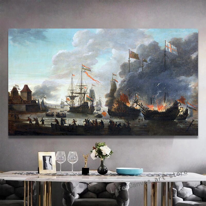 Retro The Second Anglo-Dutch War Sailing Ship Battleship Art Poster Canvas Painting Wall Print Picture Modern Home Decor Cuadros