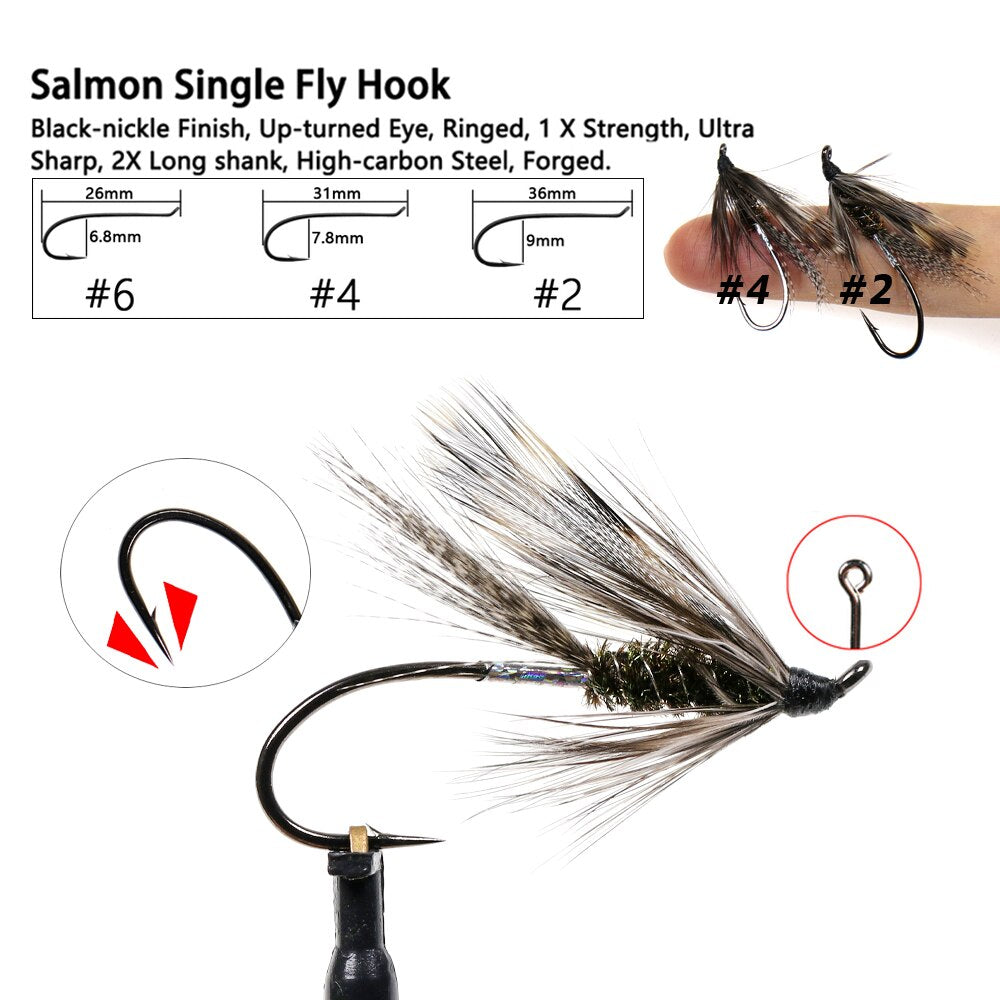 Bimoo 6PCS #2 #4 #6 Silver Hilton Steelhead Fly Silver Butt Steelheading Trout Salmon Hook River Fishing Flies Lure Baits