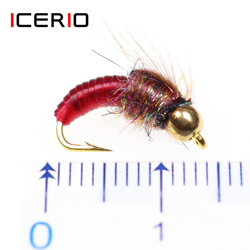 ICERIO 8PCS #12 Brass Bead Head Fast Sinking Nymph Scud Bug Worm Flies Trout Fly Fishing Lure Bait