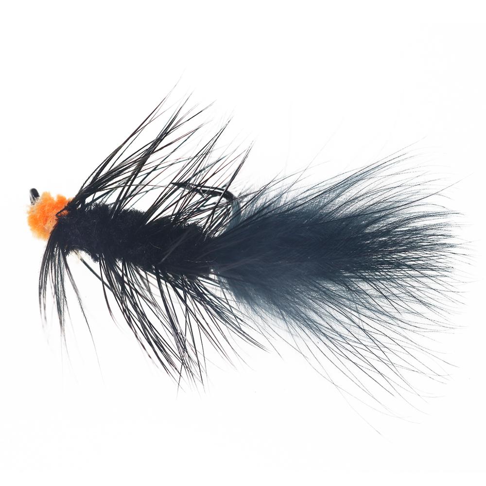 Wifreo 10PCS 6# Fly Fishing Insect Black Orange Egg Sucking Leech Wooly Streamer Fly Trout Fly Fishing Baits Marabou Flashabou