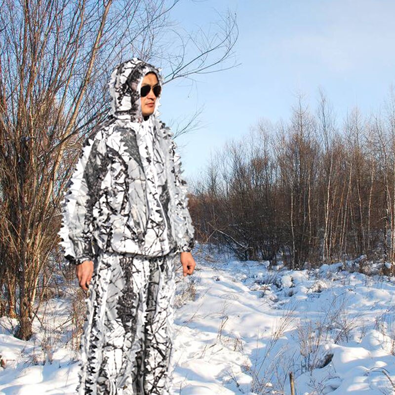 Sniper CS Bionic Camouflage Suit Men 3D Maple Leaf Ghillie Suits Winter White Snow Hunting Clothes Invisible Camo Full Set