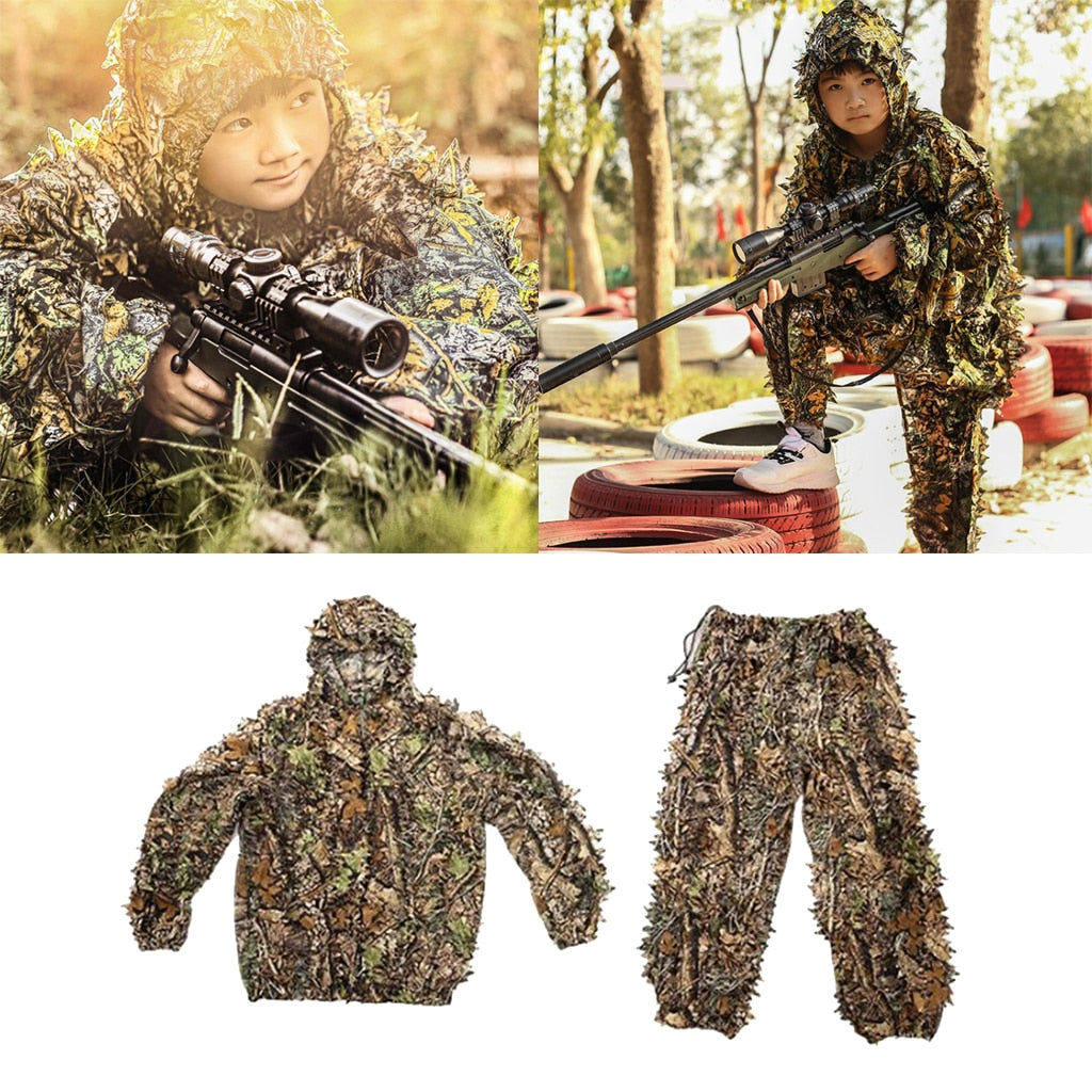3D Camo Hooded Stretchy Ghillie Suits Clothes Jacket Pants Zipper Design for Hunting Shooting