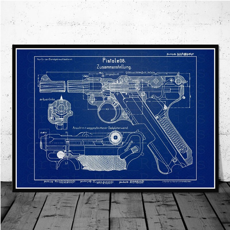 Poster And Prints Luger Pistol Patent Blueprint Gun Chart Modern Painting Art Painting Wall Pictures For Living Room Home Decor