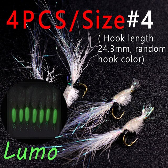Bimoo 4PCS White #4~#16 Mini Shrimp Salt Fly Bass Steelhead Trout Salmon Flies Nymph Fly for Saltwater Freshwater Fly Fishing