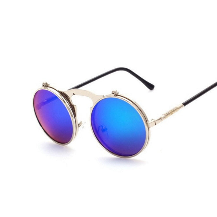 Retro Flip Round Sunglasses Men Women Metal Steampunk Style Sun Glasses Male Female Double Circular Clear Lens Eyeglasses