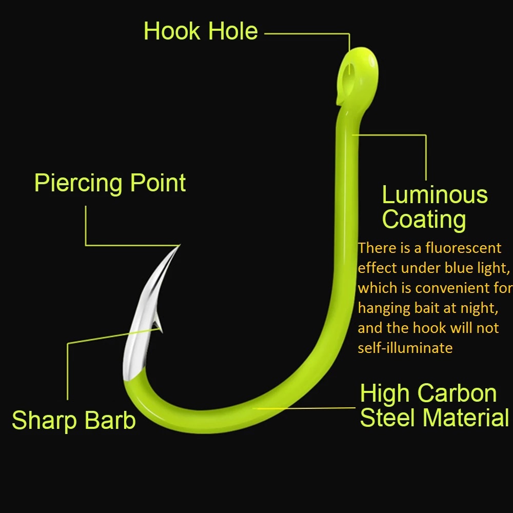 50pcs Fluorescent Fishing Hooks Barbed Single Circle Carp Hook Carbon Steel Sea Fishinhook Fly Fishing Tackle Accessories