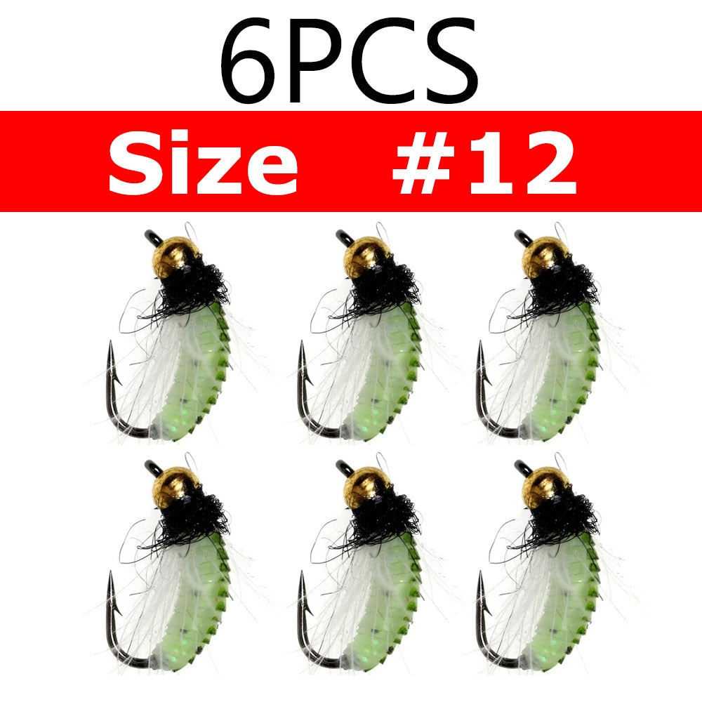 Bimoo 6PCS #10 #12 CDC Feather Hackle Nymph Scud Fly UV Brass Beadhead Wet Bug Worm Trout Fishing Fly Bait Lure Fast Sinking