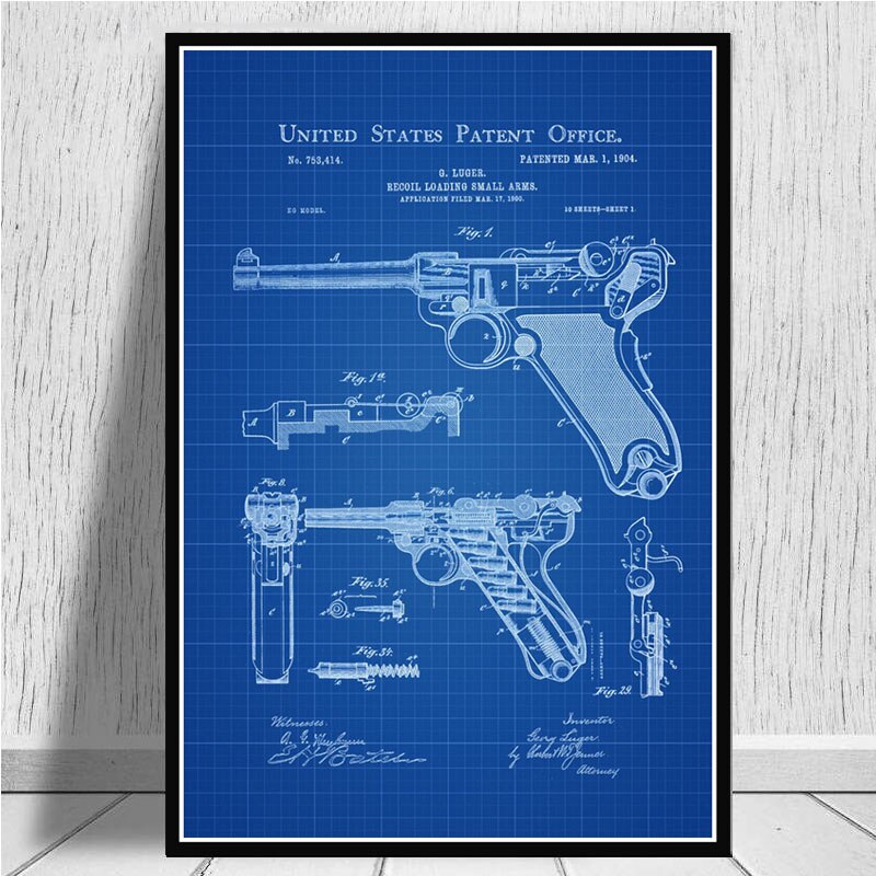 Poster And Prints Luger Pistol Patent Blueprint Gun Chart Modern Painting Art Painting Wall Pictures For Living Room Home Decor