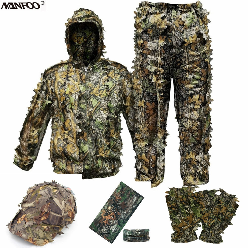 Adult 3D Leaves Bionic Camouflage Hunting Ghillie Suit Durable CS Shooting Suit Breathable Tactical Military Combat Clothes Set