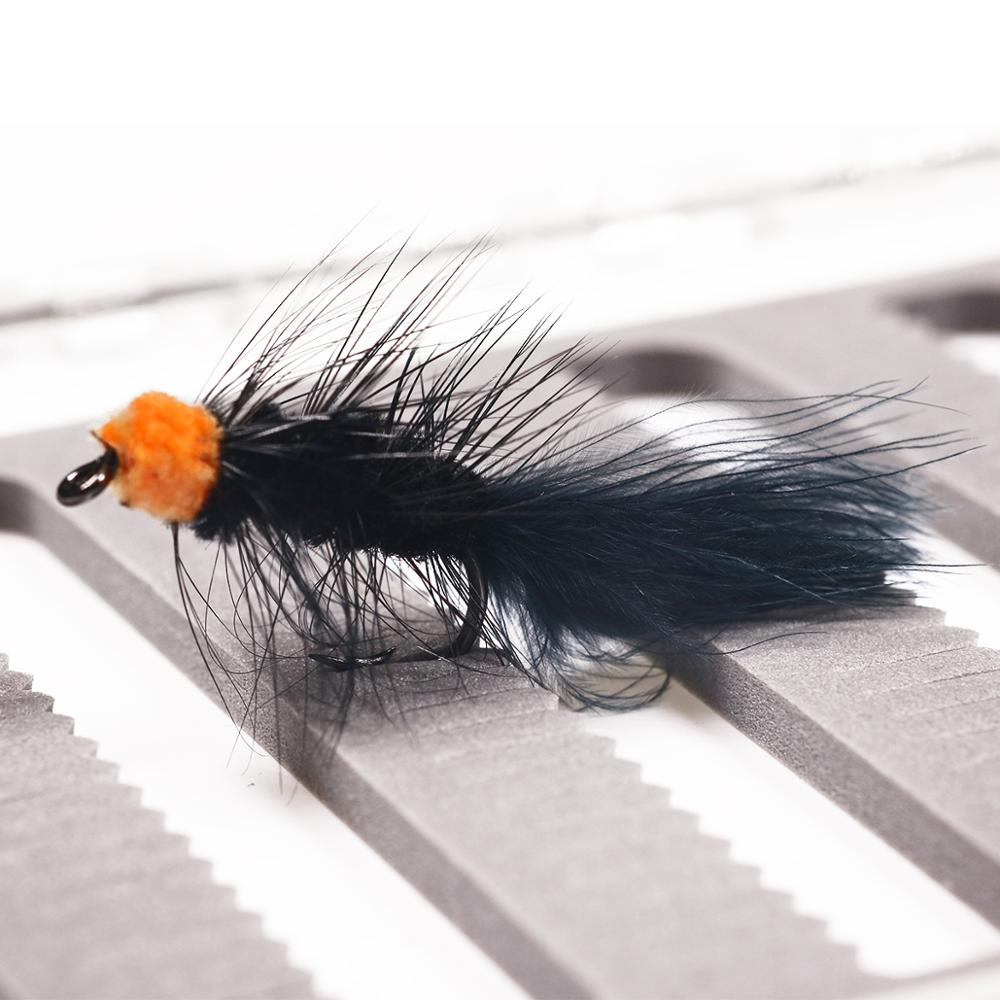 Wifreo 10PCS 6# Fly Fishing Insect Black Orange Egg Sucking Leech Wooly Streamer Fly Trout Fly Fishing Baits Marabou Flashabou