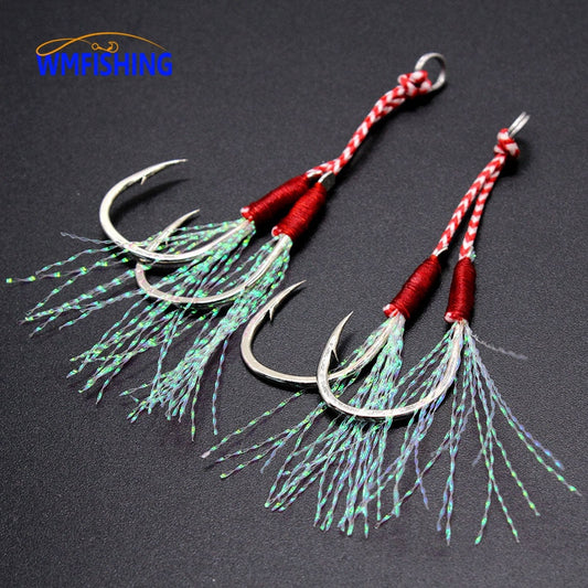 10Pairs Fishing Cast Jigs Assist Hook Barbed Double PairHooks Thread Feather Pesca High Carbon Steel Fishing Lure Slow Jigging