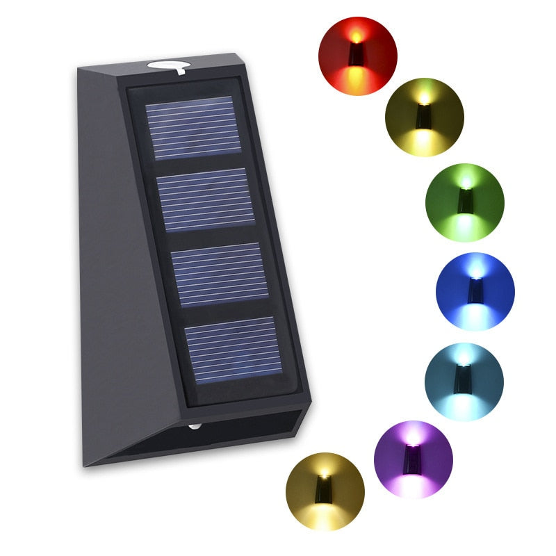 Solar Wall Lights Outdoor Fence Lights LED Waterproof Solar Stair Lights Up and Down 7 Color Changing Exterior Patio Lights