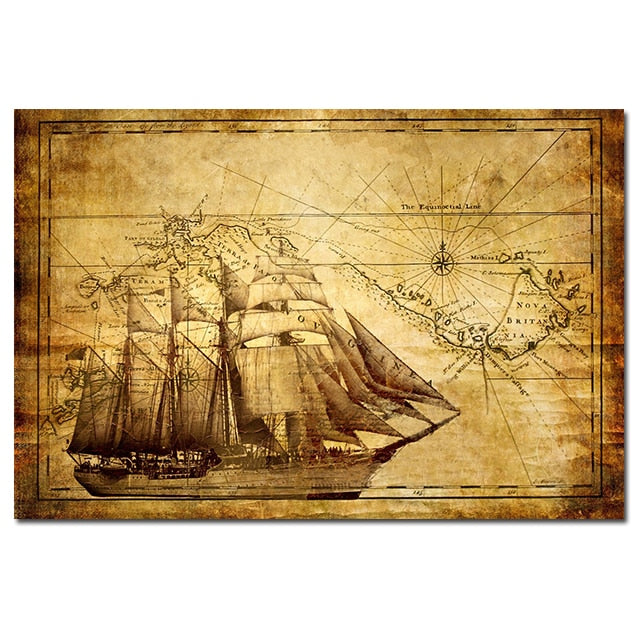 Vintage European Sailboat Sailing Chart Poster Antique Map Fantasy Ship Canvas Painting Cuadros Wall Art for Study Home Decor