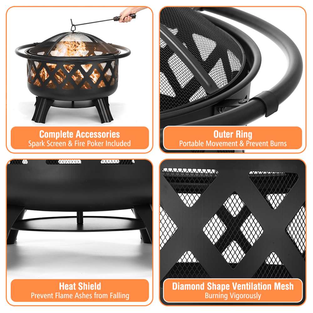 Outdoor Fire Pit Wood Burning Steel BBQ Grill Firepit Bowl with Mesh Fire Pit Outdoor Fireplace for Backyard Camping Picnic
