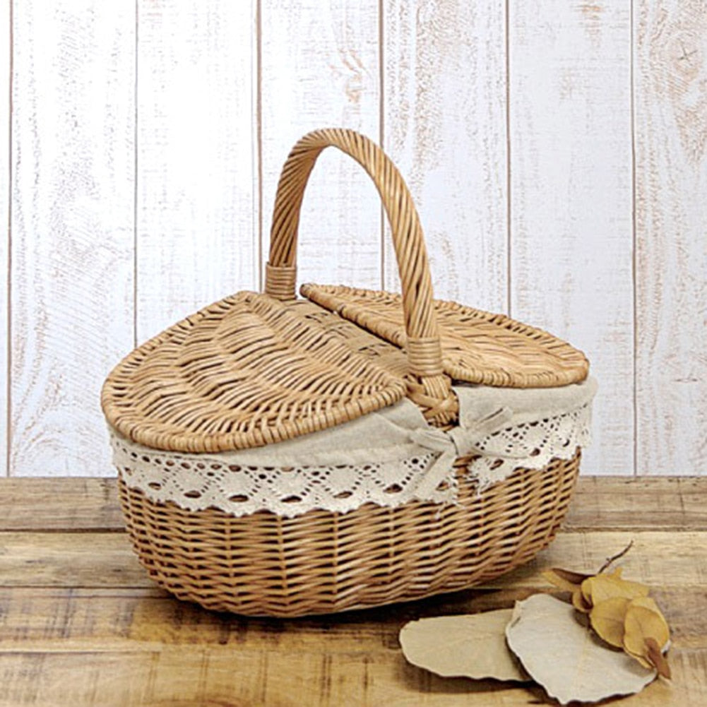 Wicker Willow Woven Vintage Camping Handle Shopping Food Fruit Picnic Basket