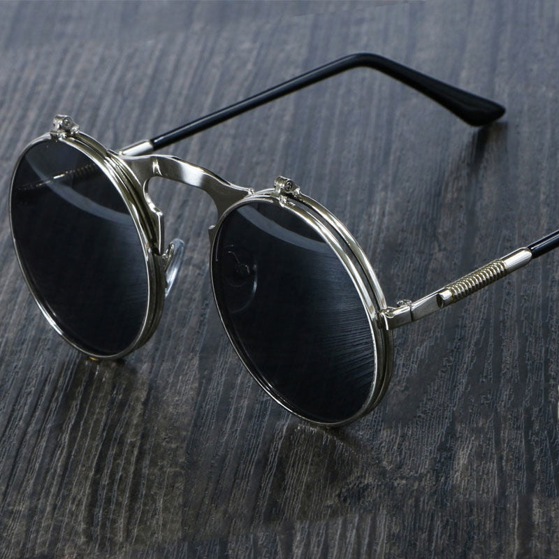 Retro Flip Round Sunglasses Men Women Metal Steampunk Style Sun Glasses Male Female Double Circular Clear Lens Eyeglasses