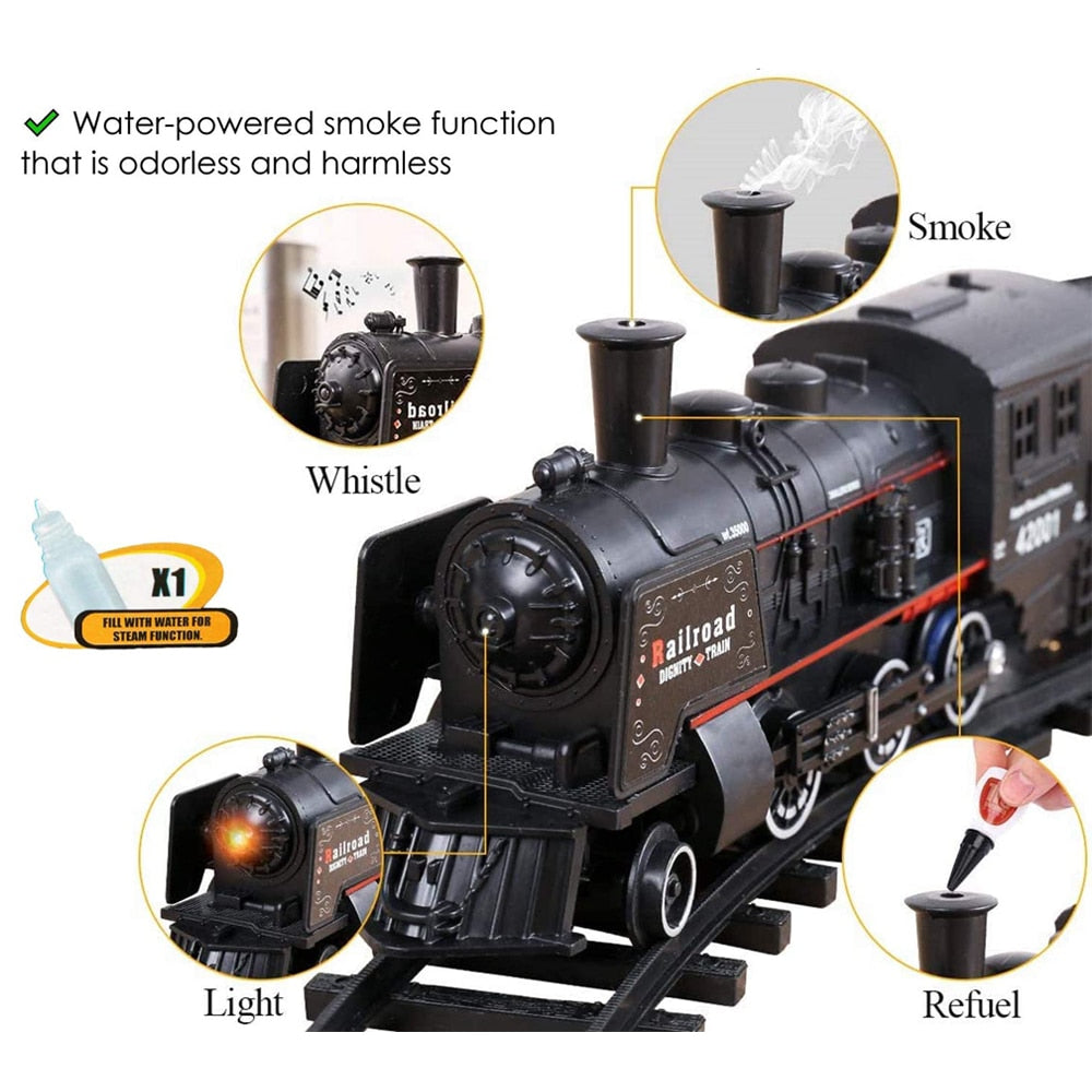 Battery Operated Railway Classical Freight Train Water Steam Locomotive Playset with Smoke Simulation Model Electric Train Toys