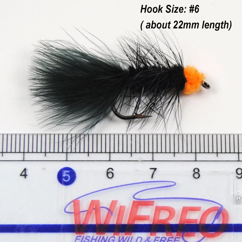 Wifreo 10PCS 6# Fly Fishing Insect Black Orange Egg Sucking Leech Wooly Streamer Fly Trout Fly Fishing Baits Marabou Flashabou