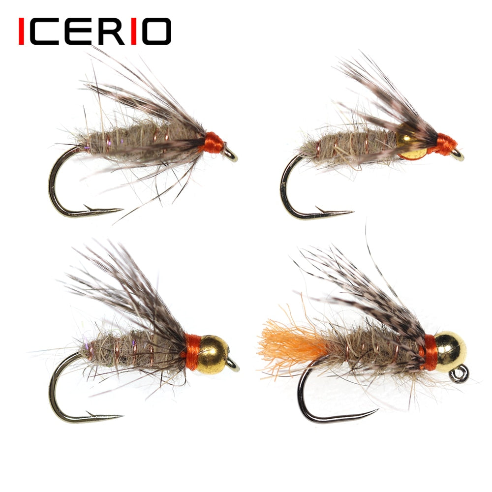 ICERIO 6PCS Tungsten/Brass Bead Head Soft Hackle Hare’s-Ear Fly Mayfly Emerger Nymph Trout Fishing Fly Lure Bait