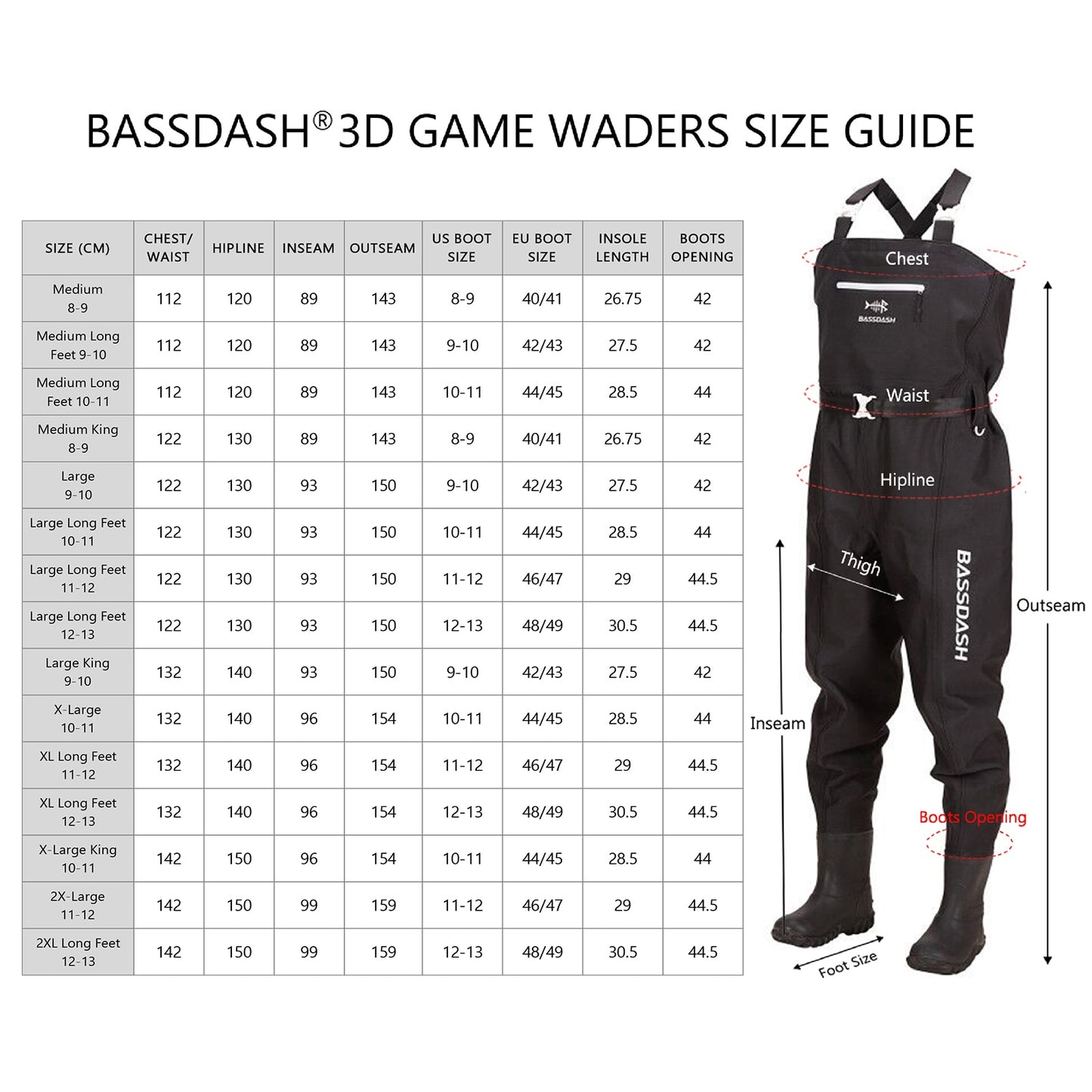 Bassdash 3D Boot Foot Game Wader Ultra High Strength Black Plaid Nylon PVC Fishing Hunting Chest Waders for Men in 14 Sizes