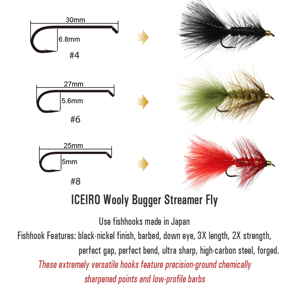 ICERIO 6PCS Brass Bead Head Wooly Bugger Streamers Fishing Fly Lures Olive Red Black Saltwater Fly Tying Hook Trout Flies Bait