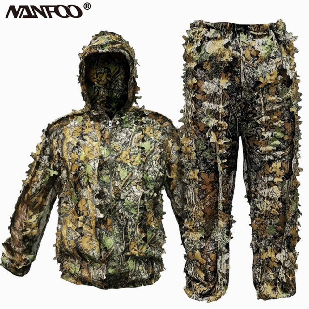 Adult 3D Leaves Bionic Camouflage Hunting Ghillie Suit Durable CS Shooting Suit Breathable Tactical Military Combat Clothes Set