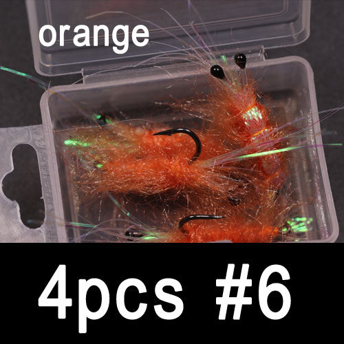 4PCS #6 Orange #1 Pearl Back Flash Shrimp Fly Sinking Artificial Shrimps for Trout Saltwater Sabiki Fishing Bait Lures