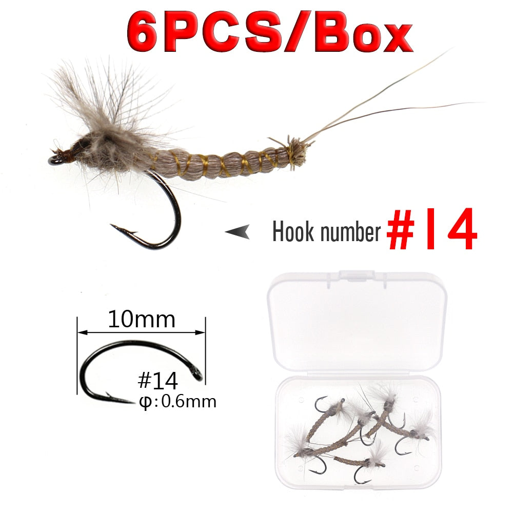 WIFREO 6PCS #10#12 #14 CDC Feather Wing Mayfly Deer Hair Body Dry Fly Rocky River Trout Fishing Flies Bait Lure