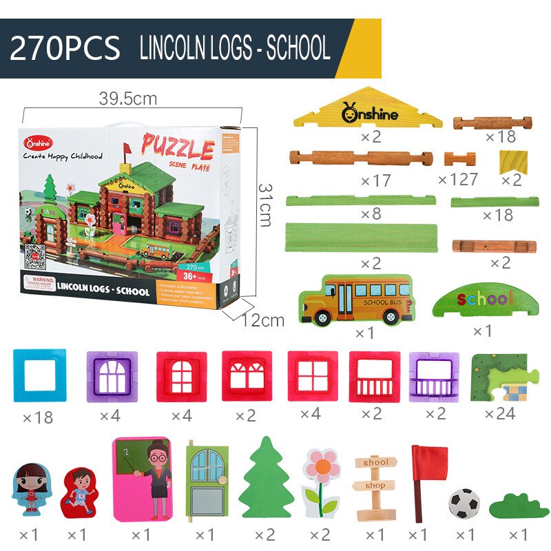 Onshine DIY House 240/270pcs Wooden Lincoln Logs Hospital school Building Blocks with Puzzle Scene Architecture Toy for Kids 3Y+