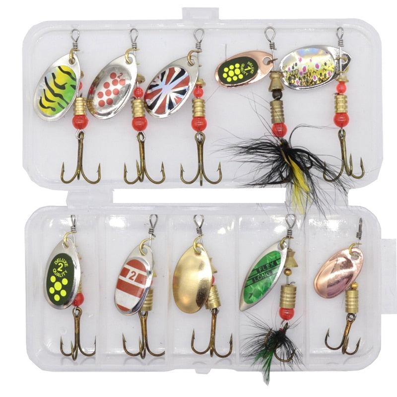 10pcs/set Metal Fishing Lure Spoon Lure With Plastic Fishing Tackle Box Hard Bait Spinner Bait