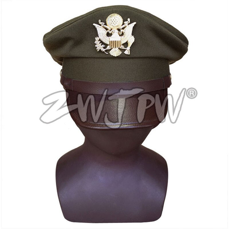WWII WW2 US Army Wide Brim Cap With silver  Color Badge Military Officer Hat