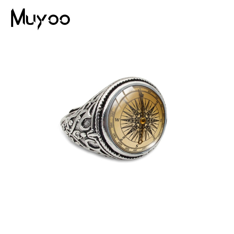 Vintage Compass Rose Pirate Treasure Hunting Navigation Compass Antique Rings for Men Handmade Compass Jewelry Retro Rings