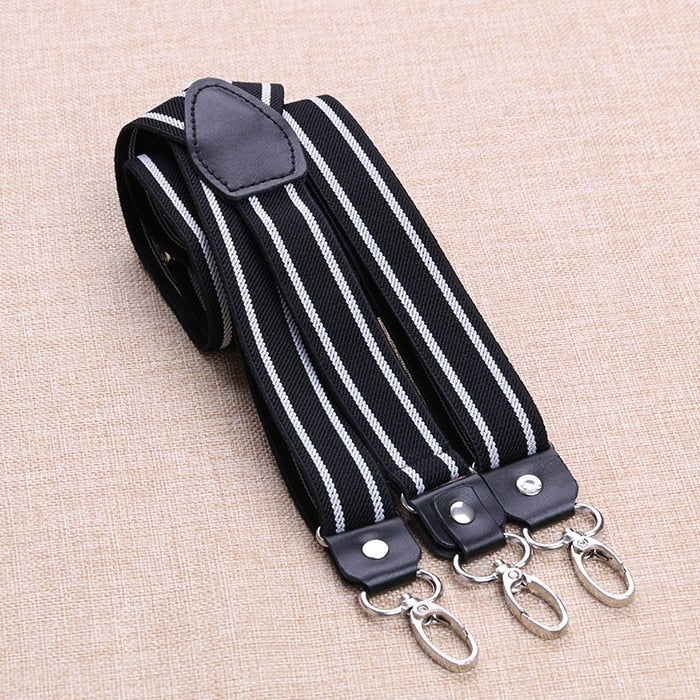 2.5cm Width Patched Color Solid Creative 3 Hooks Buckle Easy Use Suspender Strap Braces Black Leather Cowhide