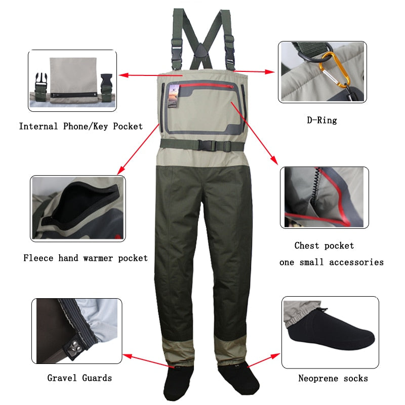 Men&#39;s Fishing Chest Waders Breathable Stocking Foot Wader Lightweight Convertible Hunting Wading Pants  Kit for Fly Fishing