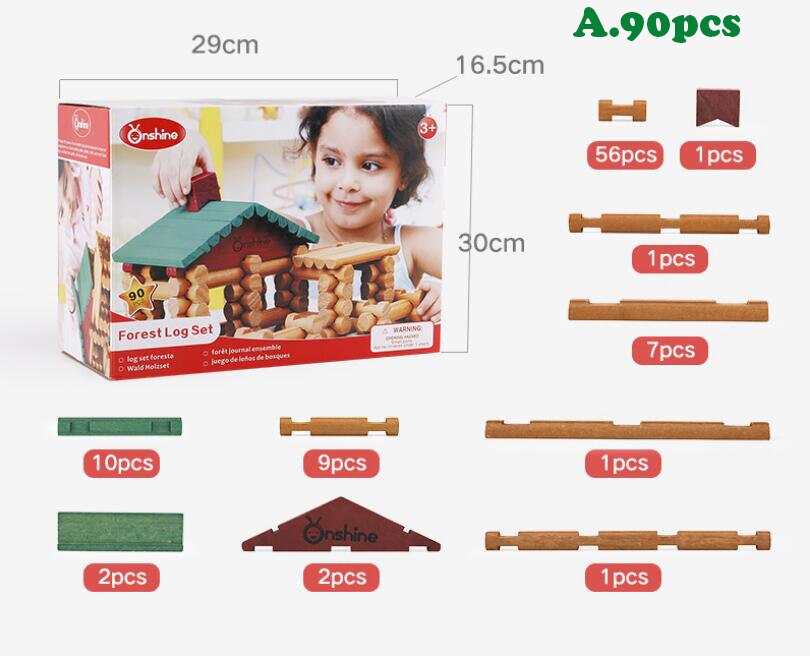 Children Wooden Lincoln Cottage Building Blocks Toy Forest Log Set Kids Creative Lumber Farm and Shop Wooden Building House Toy