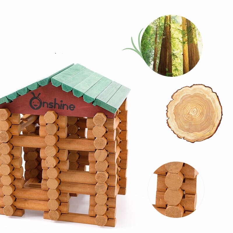 Children Wooden Lincoln Cottage Building Blocks Toy Forest Log Set Kids Creative Lumber Farm and Shop Wooden Building House Toy