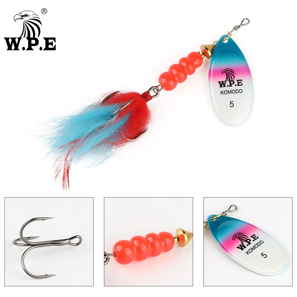 W.P.E KOMODO Spinner Lure 15g/22g 1pcs Hard Bait Spoon Lure Feather Treble Hook Metal Fishing Lure Crankbait Bass Lure Wobblers