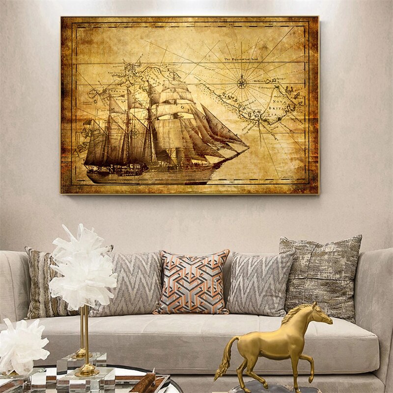 Vintage European Sailboat Sailing Chart Poster Antique Map Fantasy Ship Canvas Painting Cuadros Wall Art for Study Home Decor
