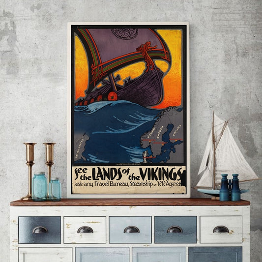 Nordic Countries Old Vintage Travel Poster Viking longboat Nautical Wall Art Canvas Print Scandinavian Style Decorative Painting