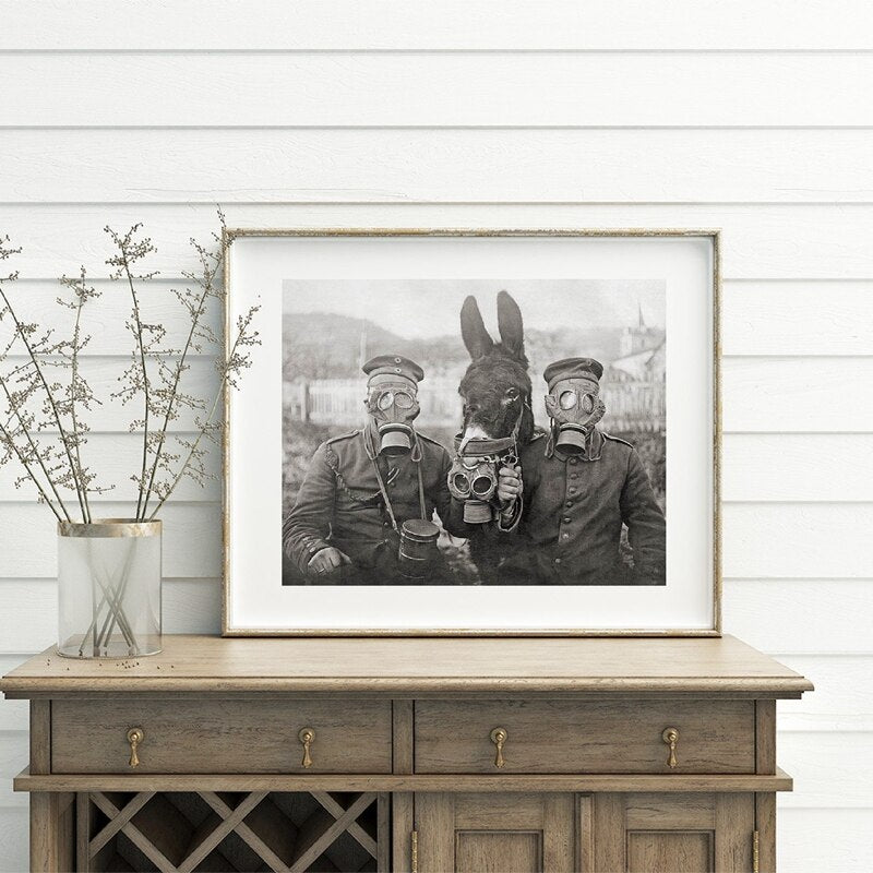 World War I Black White Photo Poster Prints A Donkey and Two German Soldiers Antique Photography Wall Art Canvas Painting Decor