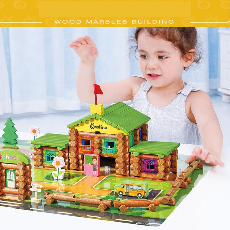 Onshine DIY House 129pcs Wooden Lincoln Logs Shop Children Building Blocks with Puzzle Scene Architecture Toys for Kids 3Y+