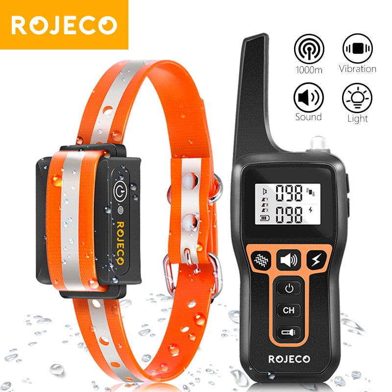 ROJECO 1000m Electric Dog Training Collar Remote Control Waterproof Rechargeable Pet Dog Bark Stop Shock Collar Electric Shocker
