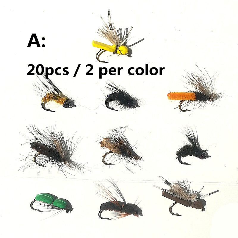 KKWEZVA 20pcs combination Fly Fishing Flies different Style Insects Salmon Trout Single Dry Fly Fishing Lures Fishing Tackle