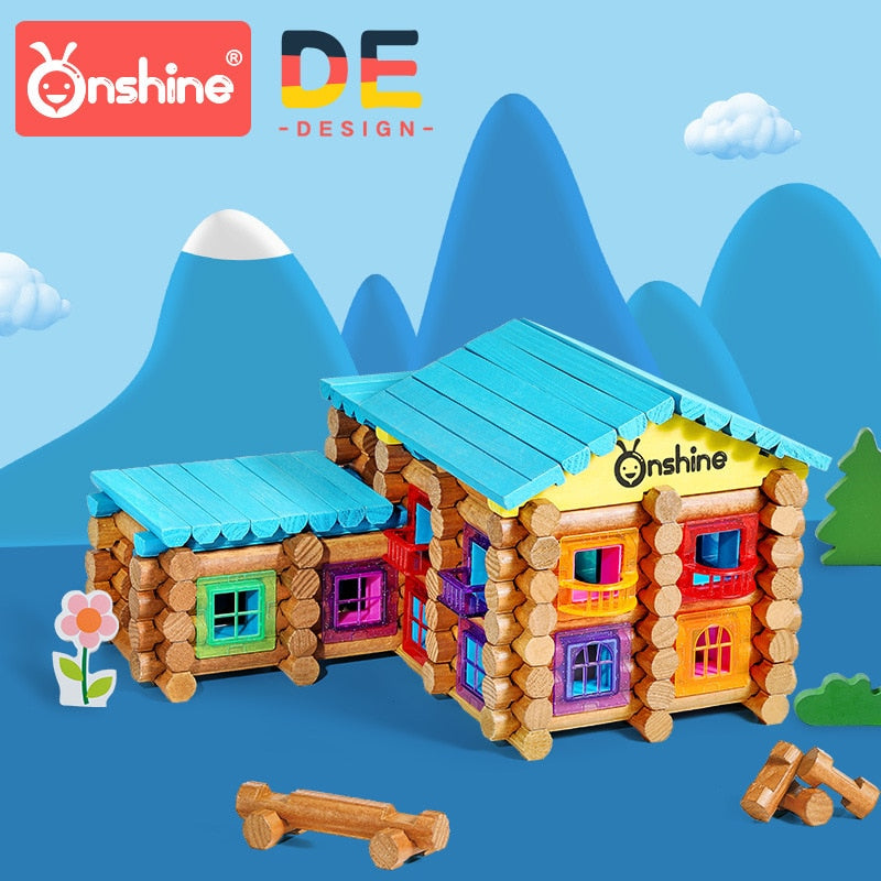 Onshine DIY House 240/270pcs Wooden Lincoln Logs Hospital school Building Blocks with Puzzle Scene Architecture Toy for Kids 3Y+