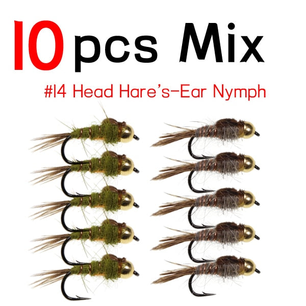 Bimoo 10PCS Classic #14 Brass Bead Weighted Hare's Ear Fly Trout Fishing Wet / Nymph Fly Lure Bait Olive Grey