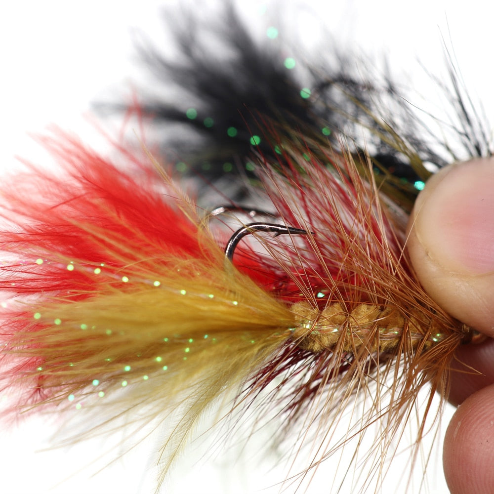ICERIO 6PCS Brass Bead Head Wooly Bugger Streamers Fishing Fly Lures Olive Red Black Saltwater Fly Tying Hook Trout Flies Bait