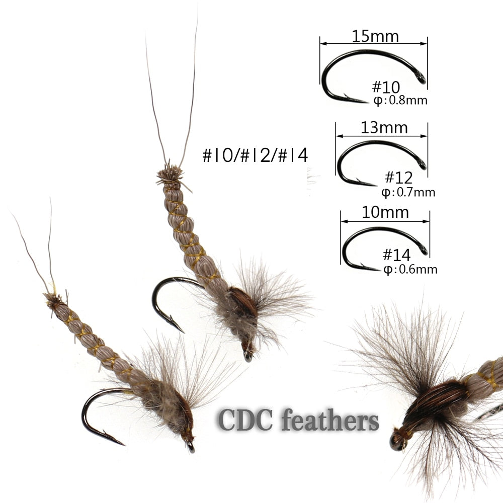 WIFREO 6PCS #10#12 #14 CDC Feather Wing Mayfly Deer Hair Body Dry Fly Rocky River Trout Fishing Flies Bait Lure
